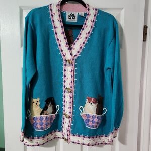 Teal Cat Sweater Cardigan with Pink Trim
